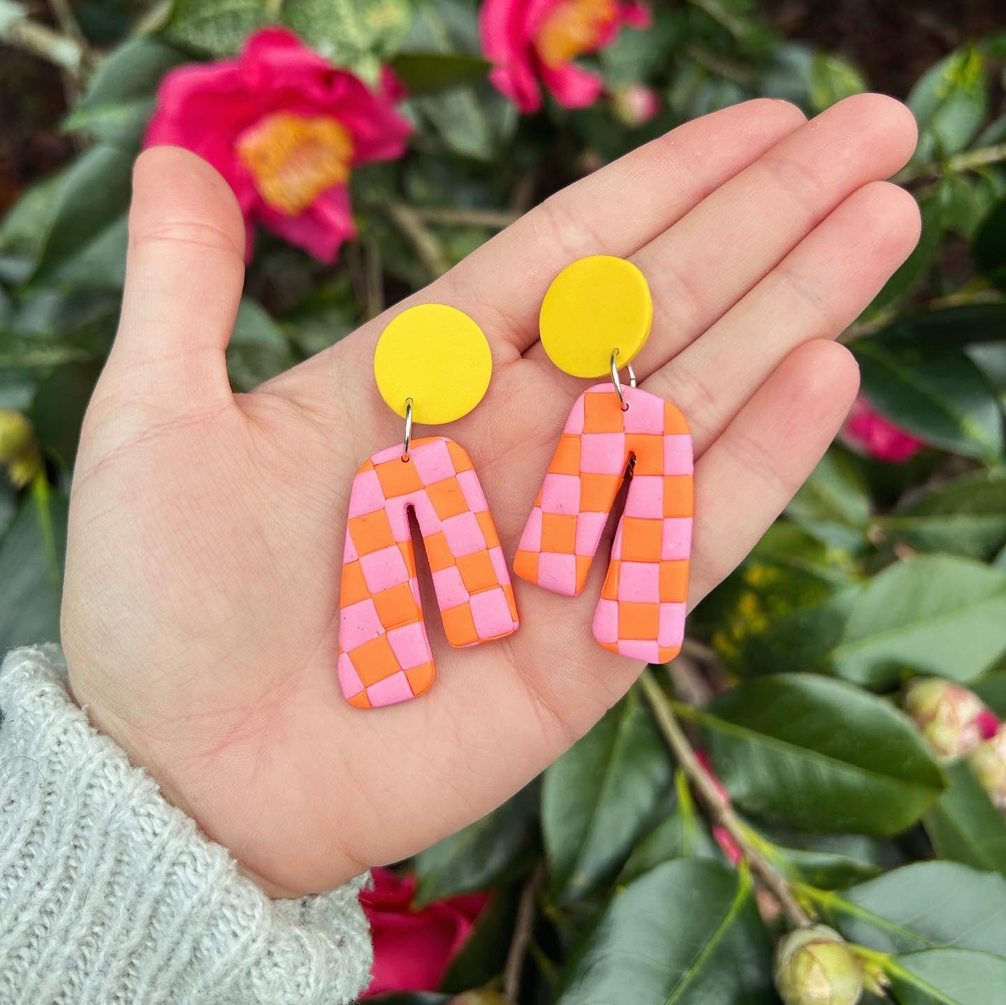 Clearance Pink and orange checkered earrings