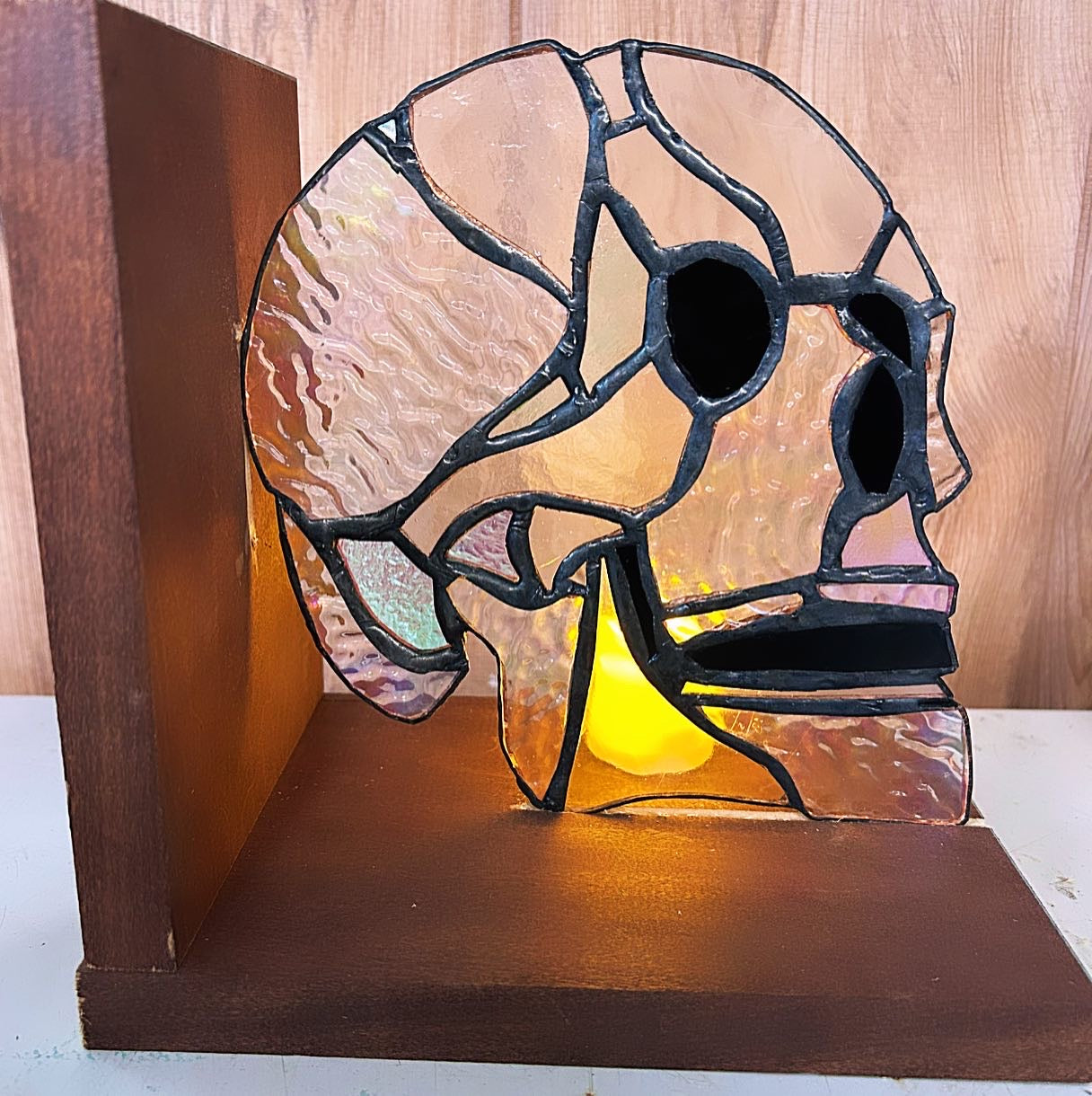 !NEW! Stained glass skull bookend (rainbow translucent glass)