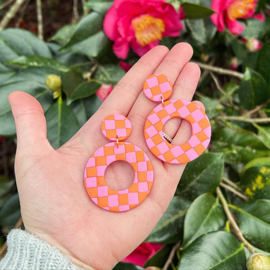 Pink and orange checkered earrings